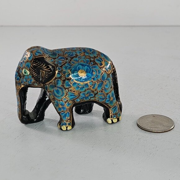 Hand-Painted Paper Mache Wood Elephant Figurine Blue Gold Floral Black 2" - Picture 8 of 8